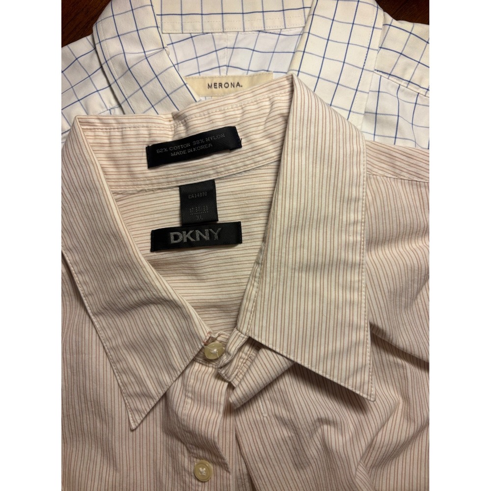 DKNY Mens Button Down Dress Shirt Tan White Micro Stripe 17 32/33 XL Long Sleeve